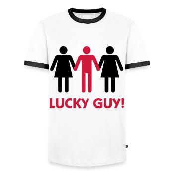 Ich bin ein glücklicher Mann! - Männer Kontrast-T-Shirt - Weiß/Schwarz - Vorne - AI Model Female 172 light (172cm) & AI Model Male 178 dark (178cm)