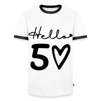 hello 50. 50th birthday - Men's Ringer Shirt - white/black - Front - AI Model Female 172 light (172cm) & AI Model Male 178 dark (178cm)
