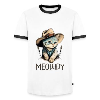 Meowdy Katze Howdy Meme Western Cowboy Kätzchen - Männer Kontrast-T-Shirt - Weiß/Schwarz - Vorne - AI Model Female 172 light (172cm) & AI Model Male 178 dark (178cm)