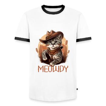 Meowdy Katze Howdy Meme Western Cowboy Kätzchen - Männer Kontrast-T-Shirt - Weiß/Schwarz - Vorne - AI Model Female 172 light (172cm) & AI Model Male 178 dark (178cm)