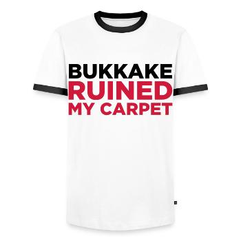 Bukkake has ruined my carpet! - Men's Ringer Shirt - white/black - Front - AI Model Female 172 light (172cm) & AI Model Male 178 dark (178cm)