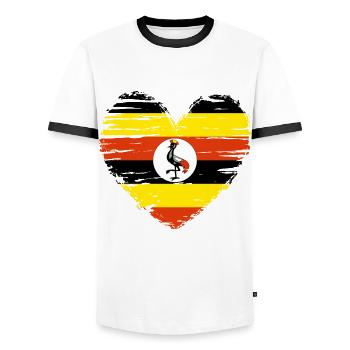 Uganda Heart Flag Flag Coat of Arms - Men's Ringer Shirt - white/black - Front - AI Model Female 172 light (172cm) & AI Model Male 178 dark (178cm)