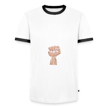 God is my strength! Believing Christian Jesus - Men's Ringer Shirt - white/black - Front - AI Model Female 172 light (172cm) & AI Model Male 178 dark (178cm)
