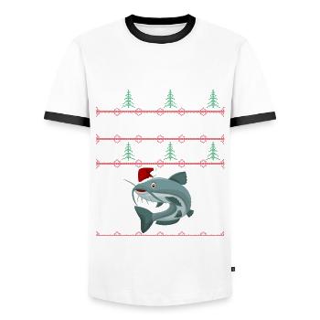 Merry Fishmas Anglershirt Wels Weihnachten - Männer Kontrast-T-Shirt - Weiß/Schwarz - Vorne - AI Model Female 172 light (172cm) & AI Model Male 178 dark (178cm)