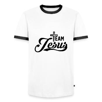 Team Jesus, schwarz. - Männer Kontrast-T-Shirt - Weiß/Schwarz - Vorne - AI Model Female 172 light (172cm) & AI Model Male 178 dark (178cm)