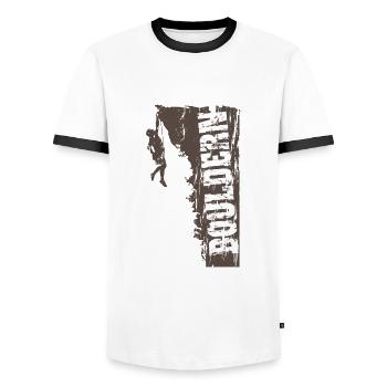 Bouldering. Climb. - Men's Ringer Shirt - white/black - Front - AI Model Female 172 light (172cm) & AI Model Male 178 dark (178cm)