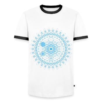 Évolution géométrique de l'oeil sacré de la fleur de Metatron - T-shirt contrasté Homme - blanc/noir - Devant - AI Model Female 172 light (172cm) & AI Model Male 178 dark (178cm)