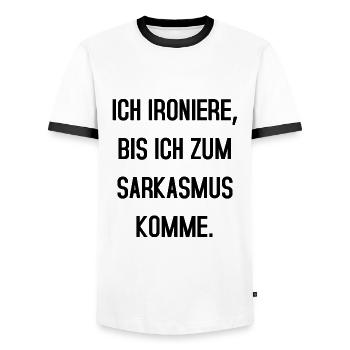 Ich ironiere bis ich zum Sarkasmus komme - Männer Kontrast-T-Shirt - Weiß/Schwarz - Vorne - AI Model Female 172 light (172cm) & AI Model Male 178 dark (178cm)