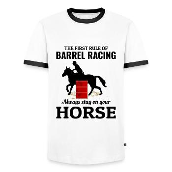 Barrel Racer Rodeo Racing Reiten Reiten Rennen - Männer Kontrast-T-Shirt - Weiß/Schwarz - Vorne - AI Model Female 172 light (172cm) & AI Model Male 178 dark (178cm)