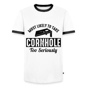 Cornhole Bean Bag Toss Outdoor Lawn Game funny - Men's Ringer Shirt - white/black - Front - AI Model Female 172 light (172cm) & AI Model Male 178 dark (178cm)