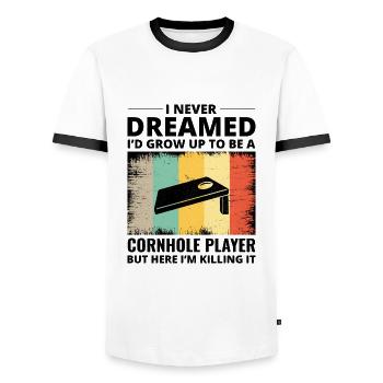 Cornhole Bean Bag Toss Outdoor Lawn Game Funny - Men's Ringer Shirt - white/black - Front - AI Model Female 172 light (172cm) & AI Model Male 178 dark (178cm)