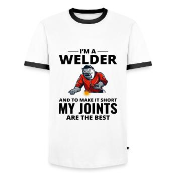 Schweißschweißer Metallbau Eisenarbeiter - Männer Kontrast-T-Shirt - Weiß/Schwarz - Vorne - AI Model Female 172 light (172cm) & AI Model Male 178 dark (178cm)
