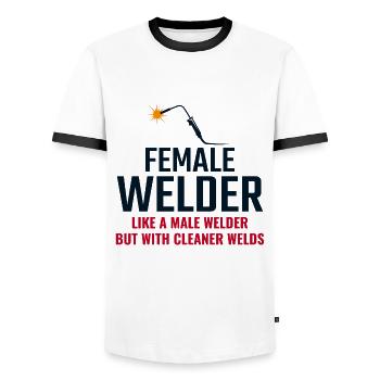 Schweißerschweißerin Factory Workshop Eisenarbeiterin - Männer Kontrast-T-Shirt - Weiß/Schwarz - Vorne - AI Model Female 172 light (172cm) & AI Model Male 178 dark (178cm)