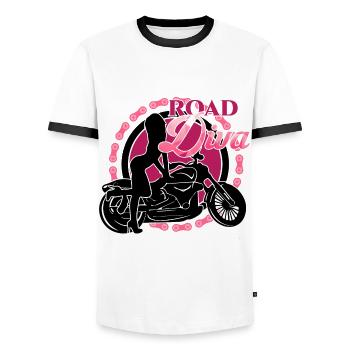 road diva girl motorcycle ride fast motorcycles toure - Men's Ringer Shirt - white/black - Front - AI Model Female 172 light (172cm) & AI Model Male 178 dark (178cm)