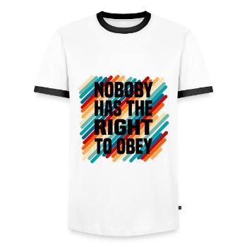 nobody has the right to obey - Männer Kontrast-T-Shirt - Weiß/Schwarz - Vorne - AI Model Female 172 light (172cm) & AI Model Male 178 dark (178cm)