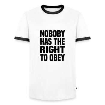 Personne n’a le droit d’obéir à l’autocollant - T-shirt contrasté Homme - blanc/noir - Devant - AI Model Female 172 light (172cm) & AI Model Male 178 dark (178cm)