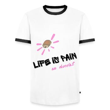 LIFE IS PAIN au chocolat pink text graffiti - Men's Ringer Shirt - white/black - Front - AI Model Female 172 light (172cm) & AI Model Male 178 dark (178cm)