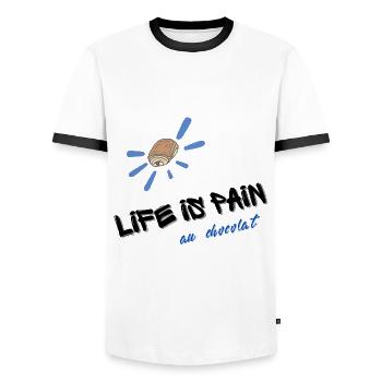 LIFE IS PAIN au chocolat blue text graffiti - Men's Ringer Shirt - white/black - Front - AI Model Female 172 light (172cm) & AI Model Male 178 dark (178cm)