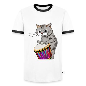 Chat jouant du Djembé Drummer Music Drum Musicien - T-shirt contrasté Homme - blanc/noir - Devant - AI Model Female 172 light (172cm) & AI Model Male 178 dark (178cm)