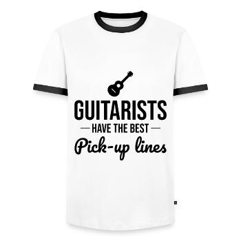 Strumming with Style: Guitarists' 'Pick-Up' Lines - Men's Ringer Shirt - white/black - Front - AI Model Female 172 light (172cm) & AI Model Male 178 dark (178cm)