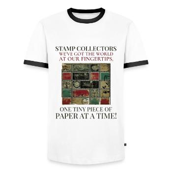 Philately's Delight: Stamp Collectors Unite - Men's Ringer Shirt - white/black - Front - AI Model Female 172 light (172cm) & AI Model Male 178 dark (178cm)