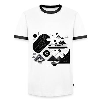 Collage Modern-Stil/ Berge, Schiff Landschaft - Männer Kontrast-T-Shirt - Weiß/Schwarz - Vorne - AI Model Female 172 light (172cm) & AI Model Male 178 dark (178cm)