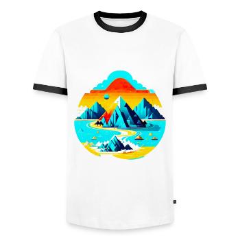 Island with futuristic mountains - Men's Ringer Shirt - white/black - Front - AI Model Female 172 light (172cm) & AI Model Male 178 dark (178cm)