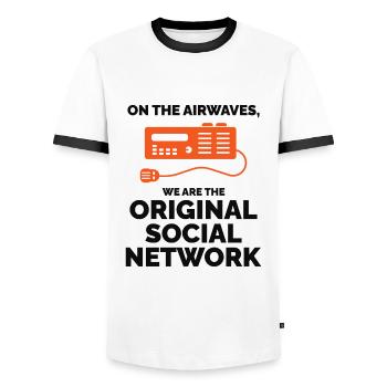 Amateur Ham Radio Operator Original Social Network - Men's Ringer Shirt - white/black - Front - AI Model Female 172 light (172cm) & AI Model Male 178 dark (178cm)