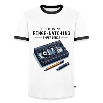 Retro VHS Kassette Nostalgisches 80er Jahre Binge-Watching - Männer Kontrast-T-Shirt - Weiß/Schwarz - Vorne - AI Model Female 172 light (172cm) & AI Model Male 178 dark (178cm)