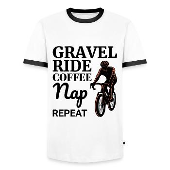 Gravel Ride Kaffee, Nickerchen, Wiederholungsabenteuer warten - Männer Kontrast-T-Shirt - Weiß/Schwarz - Vorne - AI Model Female 172 light (172cm) & AI Model Male 178 dark (178cm)