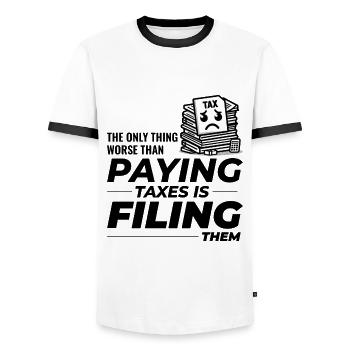 Humour éprouvant : payer et déclarer drôle - T-shirt contrasté Homme - blanc/noir - Devant - AI Model Female 172 light (172cm) & AI Model Male 178 dark (178cm)