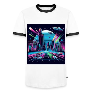 Synthwave City with UFOs - Men's Ringer Shirt - white/black - Front - AI Model Female 172 light (172cm) & AI Model Male 178 dark (178cm)
