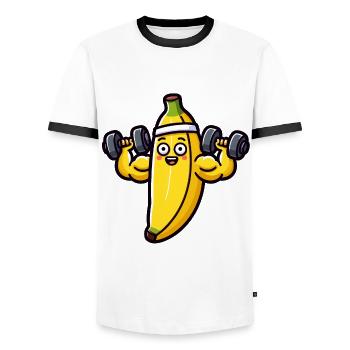 A banana in the middle of a weight training session - Men's Ringer Shirt - white/black - Front - AI Model Female 172 light (172cm) & AI Model Male 178 dark (178cm)