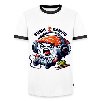 Sushi playing video games - Men's Ringer Shirt - white/black - Front - AI Model Female 172 light (172cm) & AI Model Male 178 dark (178cm)