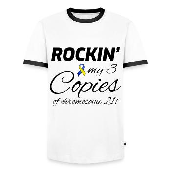 Sensibilisation au syndrome de Down Rockin' Chromosome 21 - T-shirt contrasté Homme - blanc/noir - Devant - AI Model Female 172 light (172cm) & AI Model Male 178 dark (178cm)