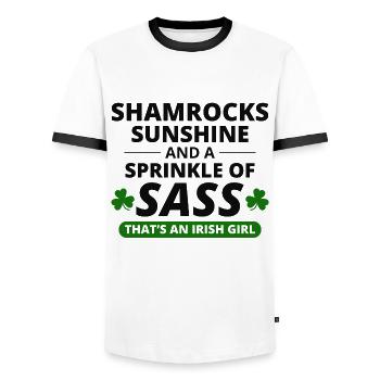 Irish Girl: Shamrocks, Sunshine, & Sass - Men's Ringer Shirt - white/black - Front - AI Model Female 172 light (172cm) & AI Model Male 178 dark (178cm)