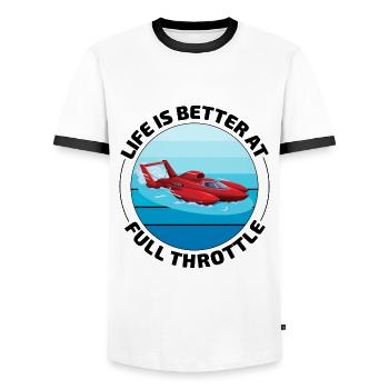 Full Throttle Fun: Hydroplane Racing Laughs - Men's Ringer Shirt - white/black - Front - AI Model Female 172 light (172cm) & AI Model Male 178 dark (178cm)