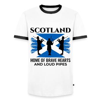 Instrument de joueur de cornemuse Drapeau écossais de l’Écosse - T-shirt contrasté Homme - blanc/noir - Devant - AI Model Female 172 light (172cm) & AI Model Male 178 dark (178cm)