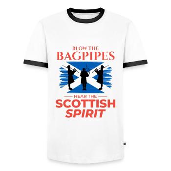 Instrument de joueur de cornemuse Drapeau écossais de l’Écosse - T-shirt contrasté Homme - blanc/noir - Devant - AI Model Female 172 light (172cm) & AI Model Male 178 dark (178cm)