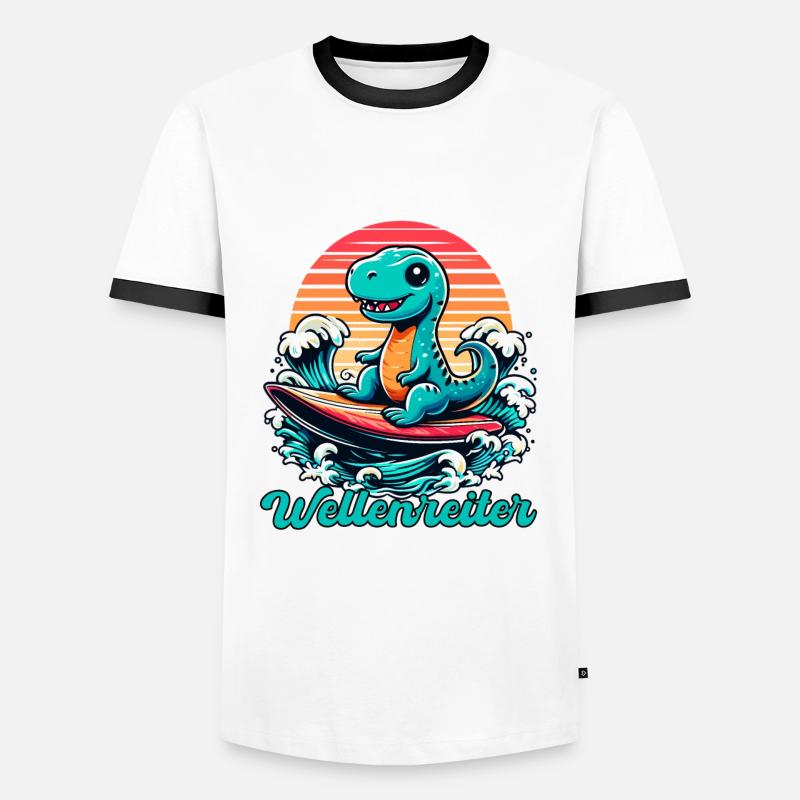 Cute T-Rex Surfer Surfing Gift - Men's Ringer Shirt - white/black