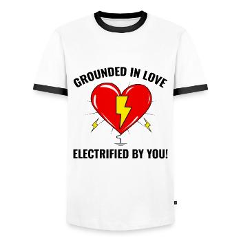 Elektriker Valentine: In der Liebe geerdet - Männer Kontrast-T-Shirt - Weiß/Schwarz - Vorne - AI Model Female 172 light (172cm) & AI Model Male 178 dark (178cm)