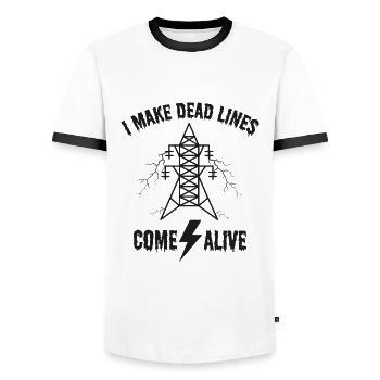 Je donne vie aux lignes mortes – Lineman Halloween - T-shirt contrasté Homme - blanc/noir - Devant - AI Model Female 172 light (172cm) & AI Model Male 178 dark (178cm)