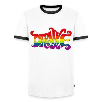 Thank you rainbow diversity sixties colorful gratitude - Men's Ringer Shirt - white/black - Front - AI Model Female 172 light (172cm) & AI Model Male 178 dark (178cm)