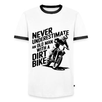 NEVER UNDERESTIMATE AN OLD MAN WITH A DIRT BIKE - Men's Ringer Shirt - white/black - Front - AI Model Female 172 light (172cm) & AI Model Male 178 dark (178cm)