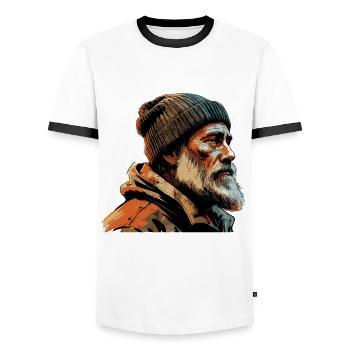 Old Man Captain Hamburg St Pauli Port Worker - Men's Ringer Shirt - white/black - Front - AI Model Female 172 light (172cm) & AI Model Male 178 dark (178cm)
