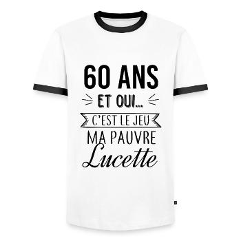 Pauvre Lucette 60 ans - T-shirt contrasté Homme - blanc/noir - Devant - AI Model Female 172 light (172cm) & AI Model Male 178 dark (178cm)
