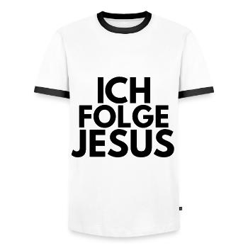 Ich folge Jesus - Männer Kontrast-T-Shirt - Weiß/Schwarz - Vorne - AI Model Female 172 light (172cm) & AI Model Male 178 dark (178cm)