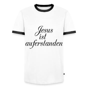 Jésus est ressuscité - T-shirt contrasté Homme - blanc/noir - Devant - AI Model Female 172 light (172cm) & AI Model Male 178 dark (178cm)