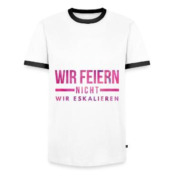 wir feiern nicht wir eskalieren - Männer Kontrast-T-Shirt - Weiß/Schwarz - Vorne - AI Model Female 172 light (172cm) & AI Model Male 178 dark (178cm)