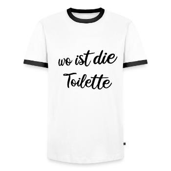 Wo ist die Toilette - Männer Kontrast-T-Shirt - Weiß/Schwarz - Vorne - AI Model Female 172 light (172cm) & AI Model Male 178 dark (178cm)